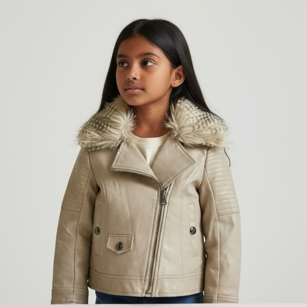 Jessica Simpson Tan Faux Leather Jacket with Fur Trim Girls Kidscore Medium/5-6
